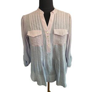 Zac & Rachel Petite PM V-Neck 1/2 Button-Front Tunic Blouse Lavender & Blue